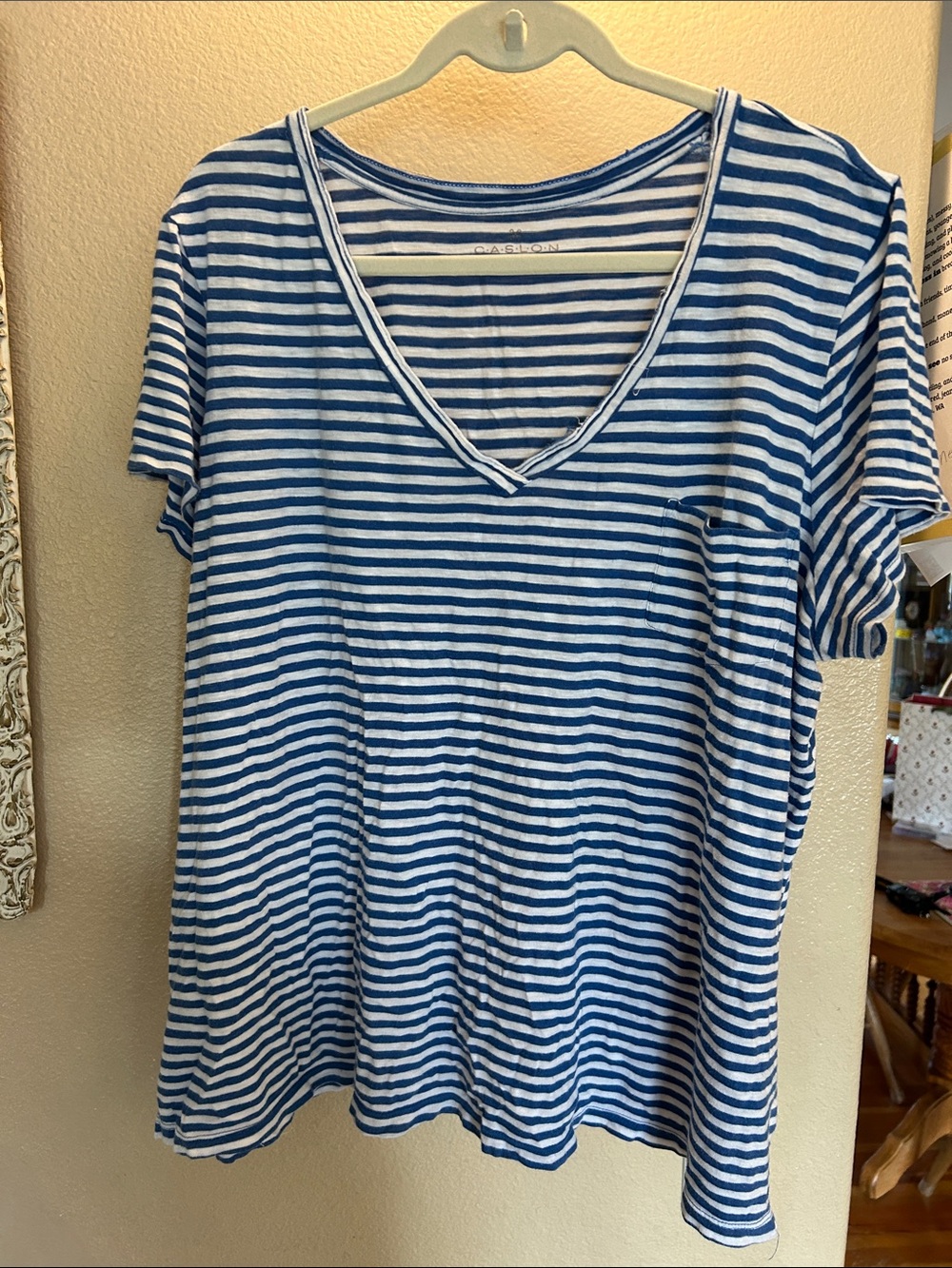 Caslon Blue and White Striped V-Neck Short Sleeve pocket tee